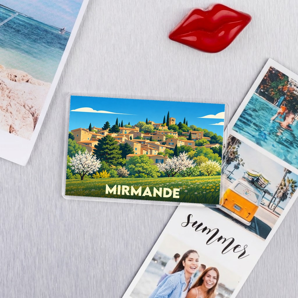 Magnet souvenir de la ville de Mirmande avec une illustration stylisée.