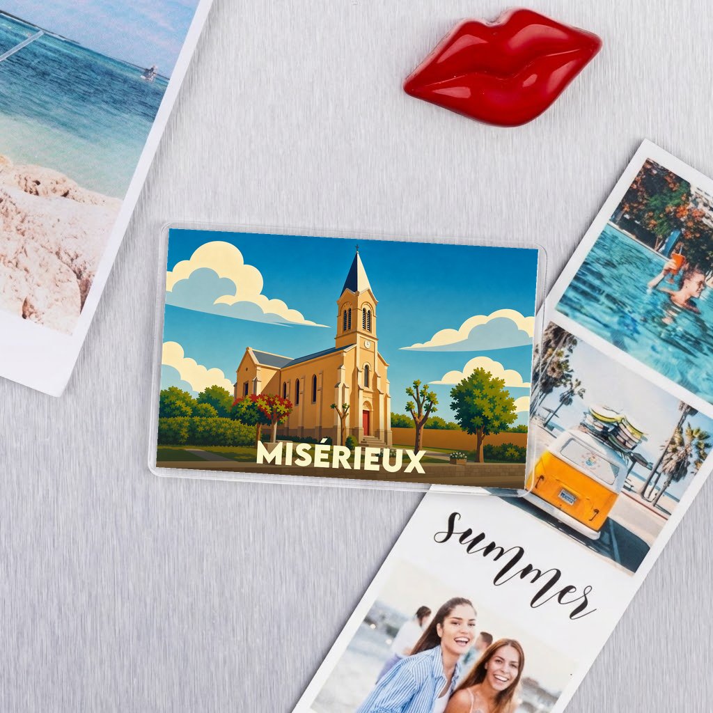 Magnet souvenir de la ville de Misérieux avec une illustration stylisée d'une église.