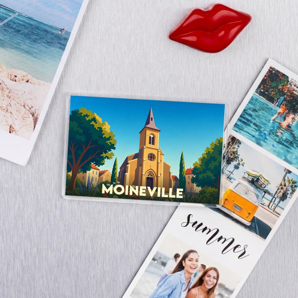 Magnet souvenir de la ville de Moineville avec une illustration stylisée d'une église.