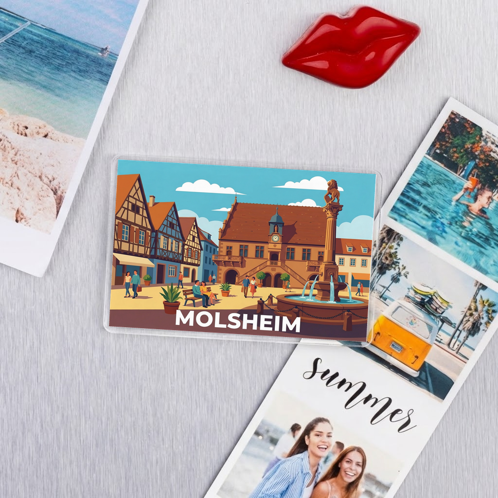 Magnet souvenir de la ville de Molsheim avec une illustration stylisée de sa place centrale et de ses maisons à colombages.