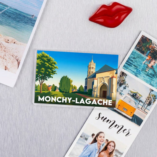 Magnet souvenir de la ville de Monchy-Lagache avec une illustration stylisée de son église.