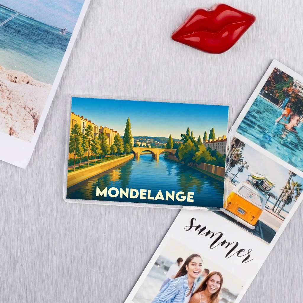 Magnet souvenir de la ville de Mondelange avec une illustration stylisée d'un pont au bord de l'eau.