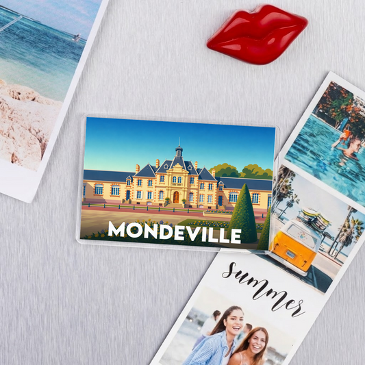 Magnet souvenir de la ville de Mondeville avec une illustration stylisée de son hôtel de ville.