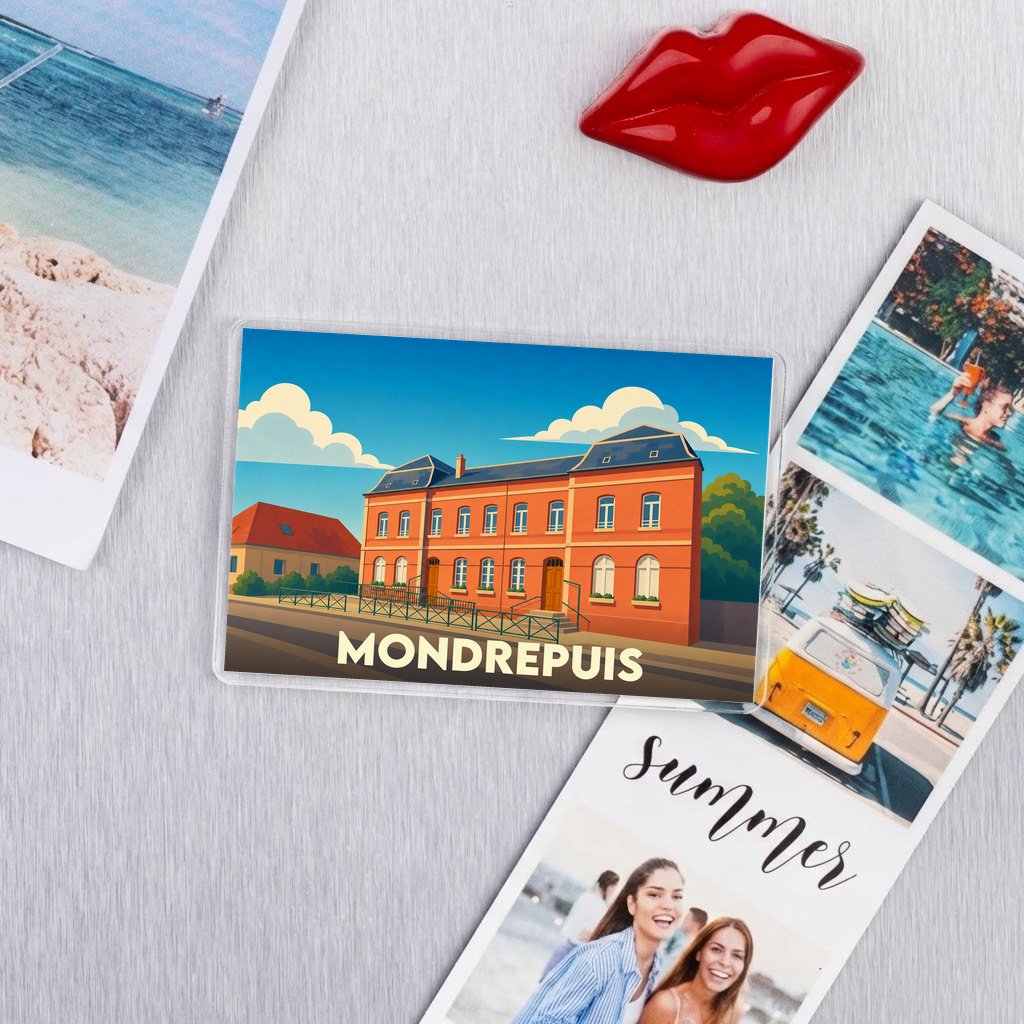 Magnet souvenir de la ville de Mondrepuis avec une illustration stylisée d'un bâtiment en briques.