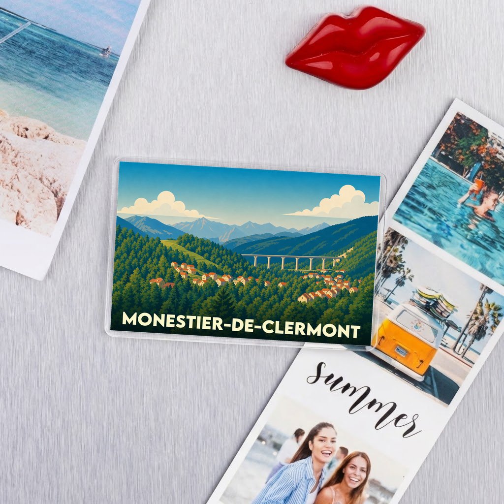 Magnet souvenir de la ville de Monestier-de-Clermont avec une illustration stylisée de ses paysages montagneux.