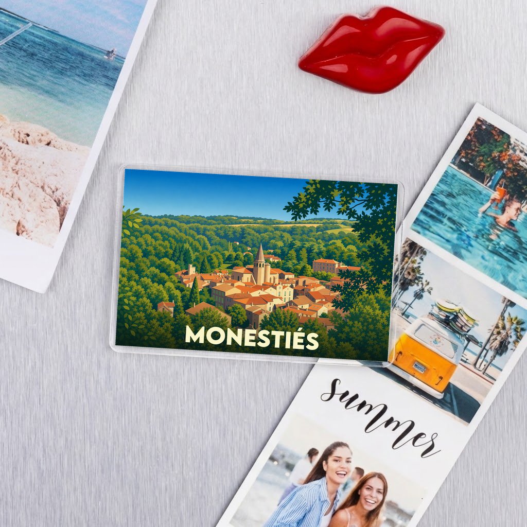 Magnet souvenir de la ville de Monestiés avec une illustration stylisée.
