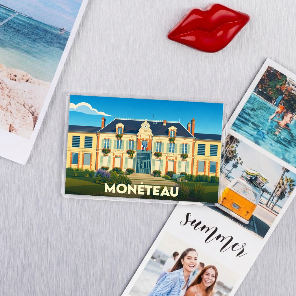 Magnet souvenir de la ville de Monéteau avec une illustration stylisée de sa mairie.