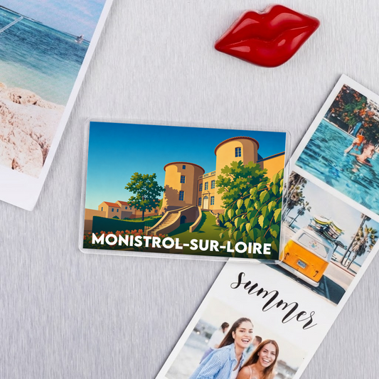 Magnet souvenir de la ville de Monistrol-sur-Loire avec une illustration stylisée.