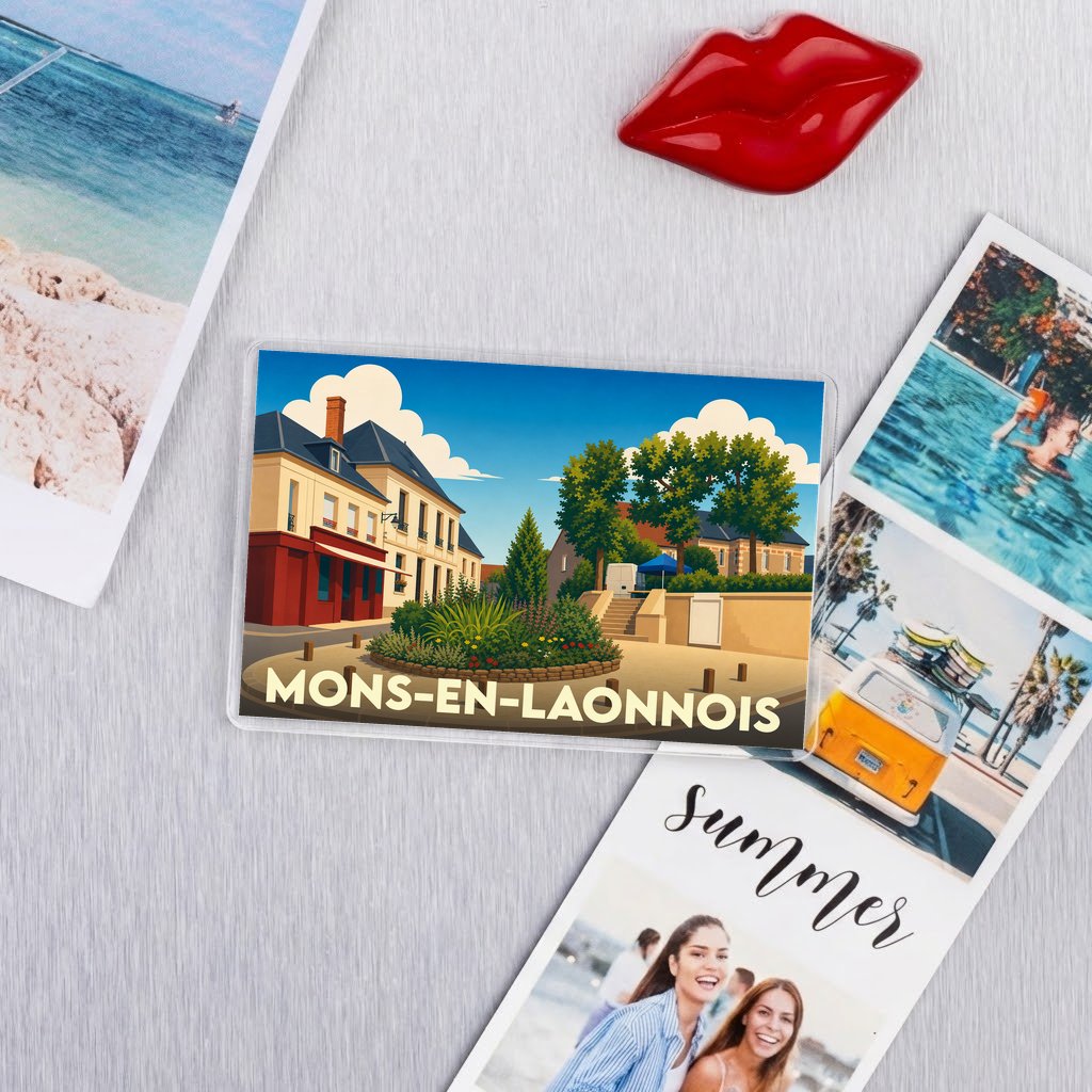 Magnet souvenir de la ville de Mons-en-Laonnois avec une illustration stylisée.