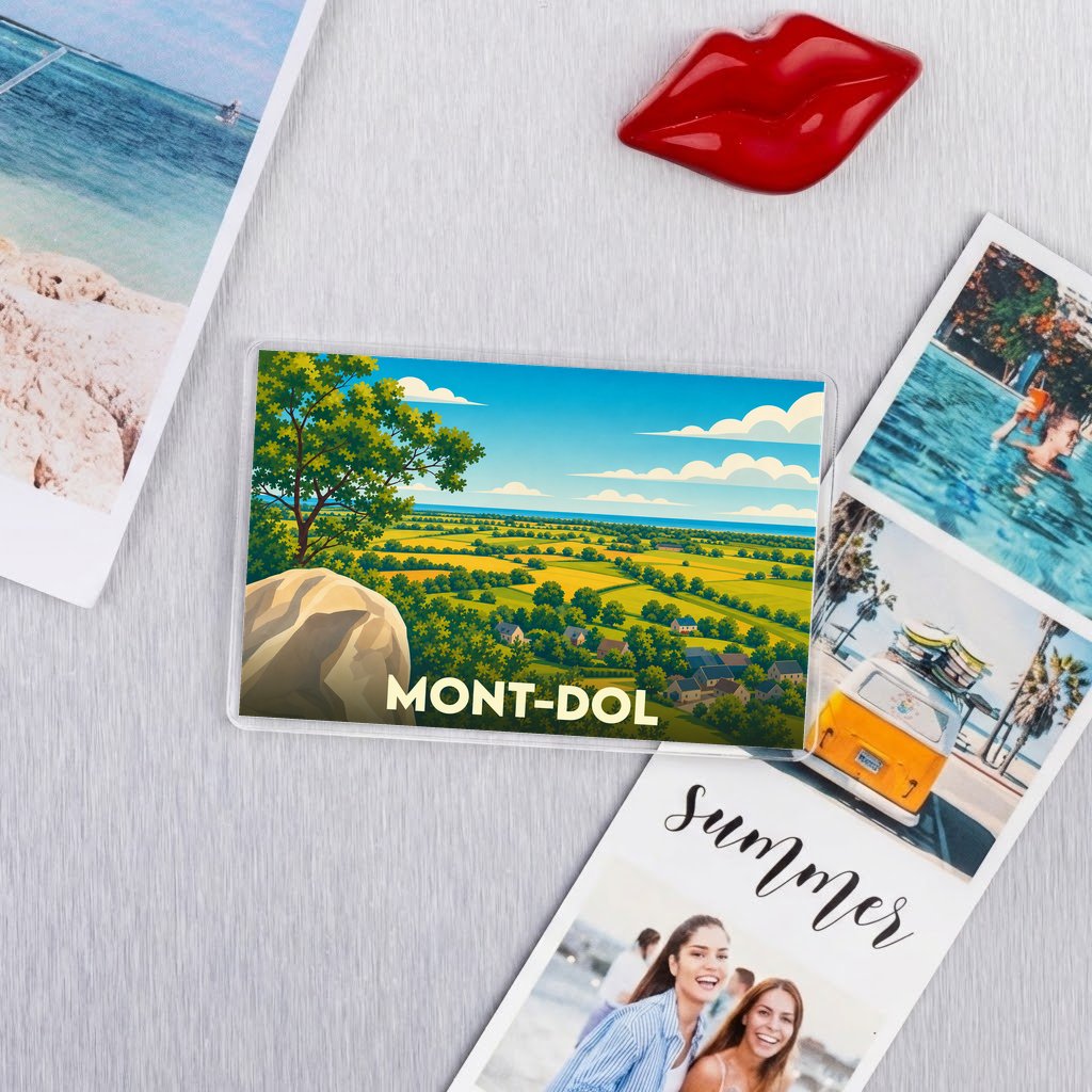 Magnet souvenir de la ville de Mont-Dol avec une illustration de paysage champêtre.