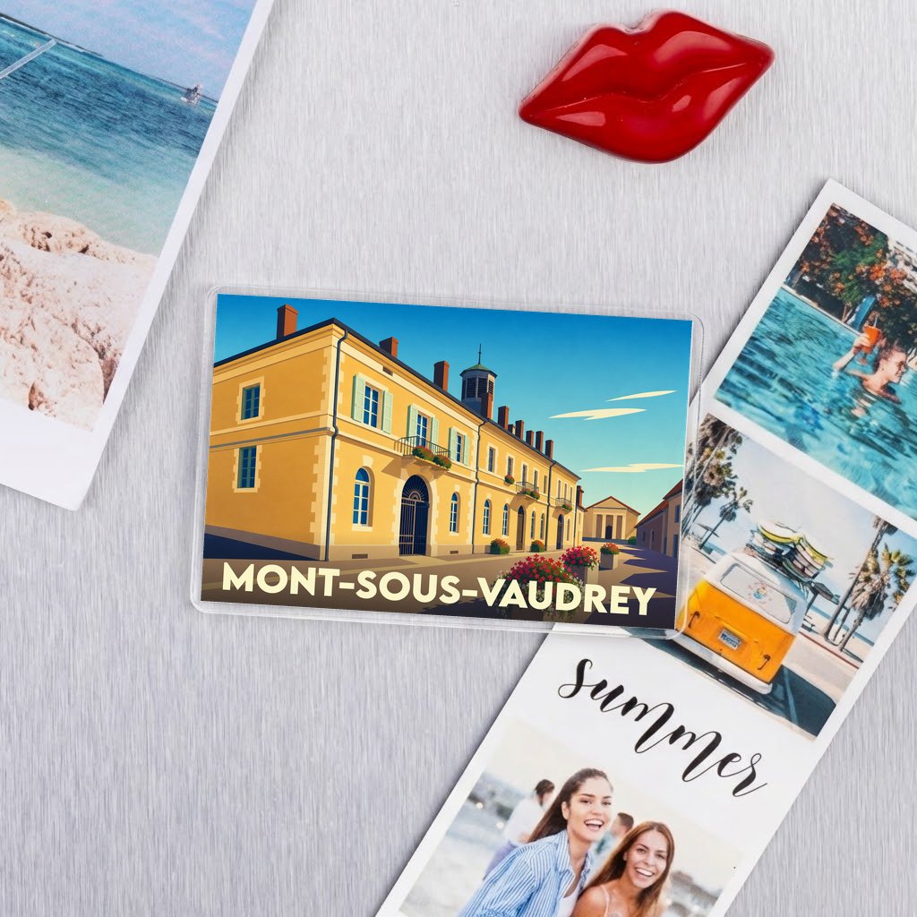 Magnet souvenir de la ville de Mont-sous-Vaudrey avec une illustration stylisée.