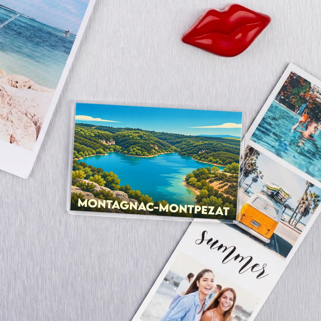 Magnet souvenir de la ville de Montagnac-Montpezat avec une illustration stylisée du lac.