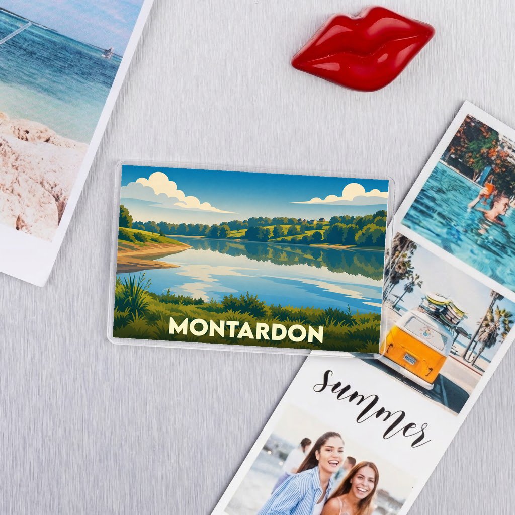Magnet souvenir de la ville de Montardon avec une illustration stylisée de paysage.