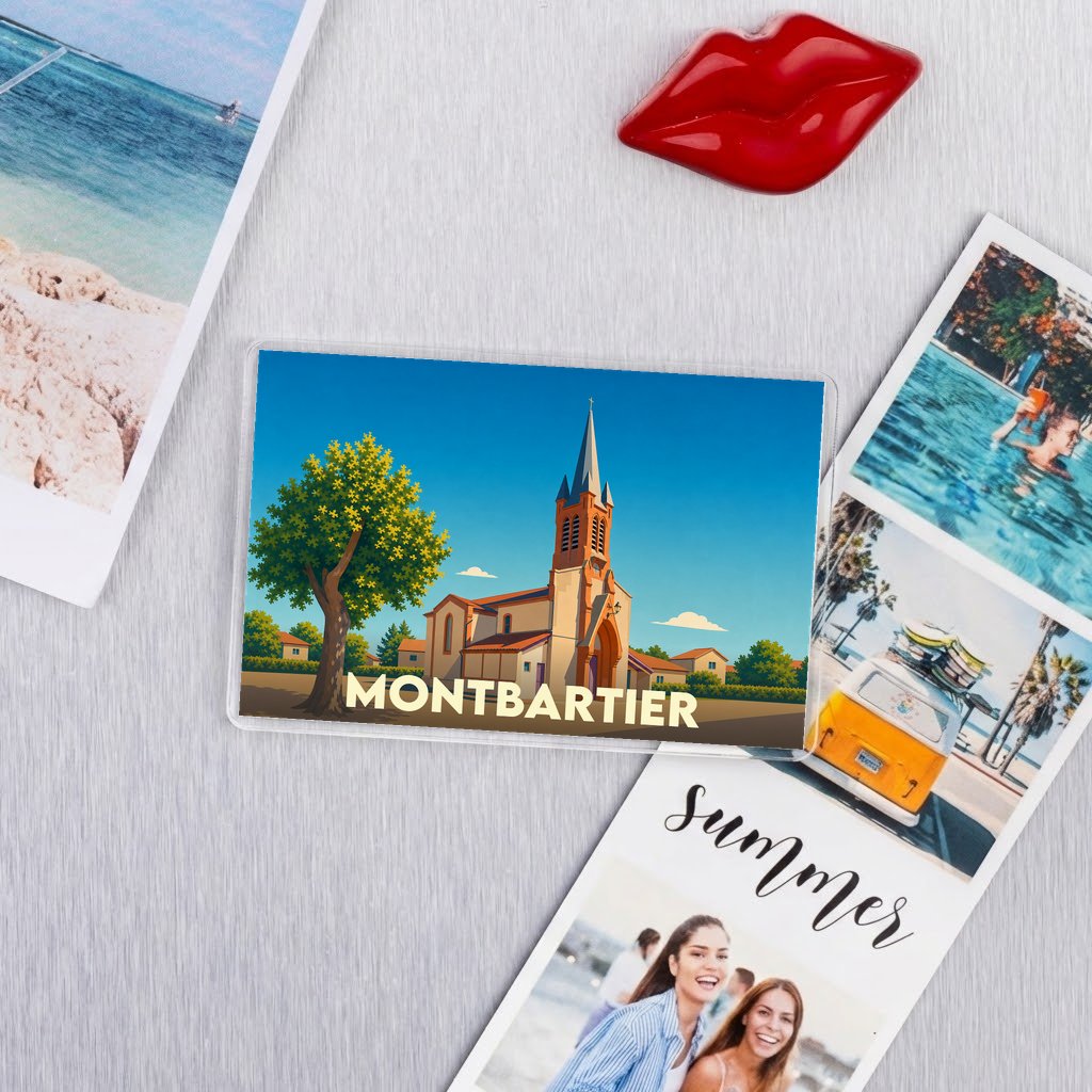 Magnet souvenir de la ville de Montbartier avec une illustration stylisée de son église.