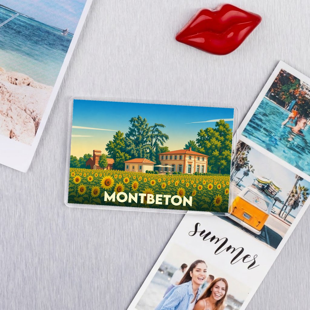 Magnet souvenir de la ville de Montbeton avec une illustration de champ de tournesols.