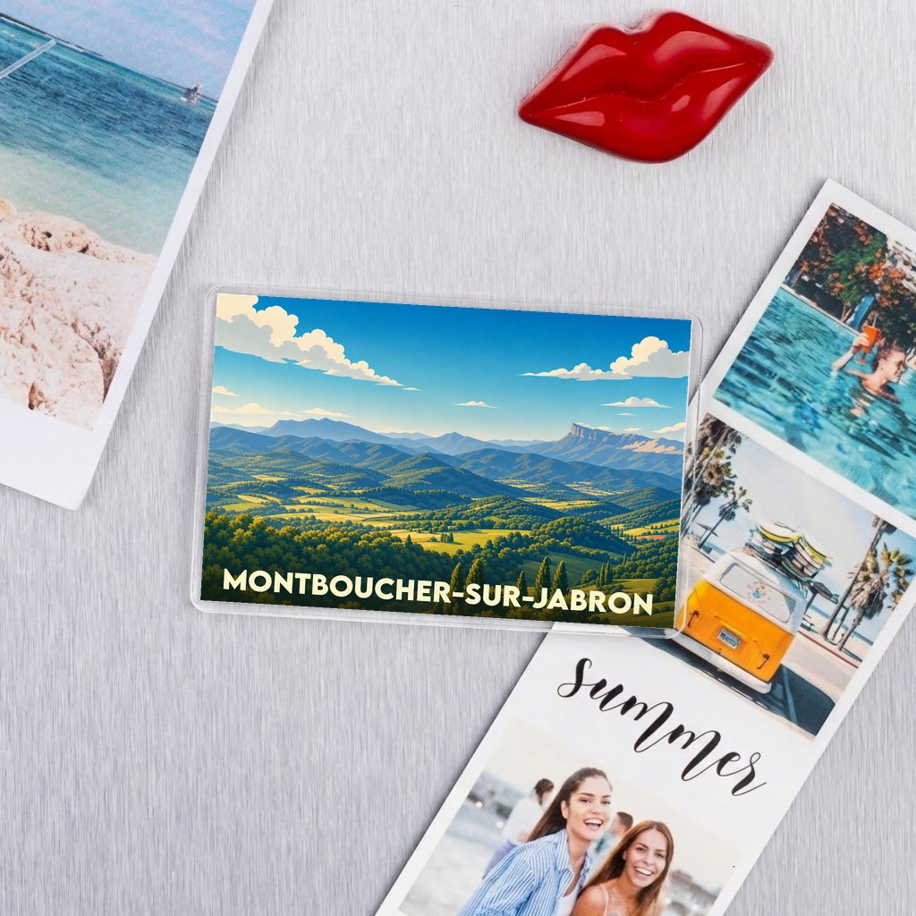 Magnet souvenir de la ville de Montboucher-sur-Jabron illustrant un paysage de montagnes verdoyantes sous un ciel azur.