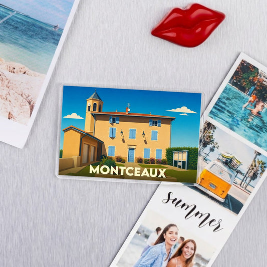 Magnet souvenir de la ville de Montceaux avec une illustration stylisée.