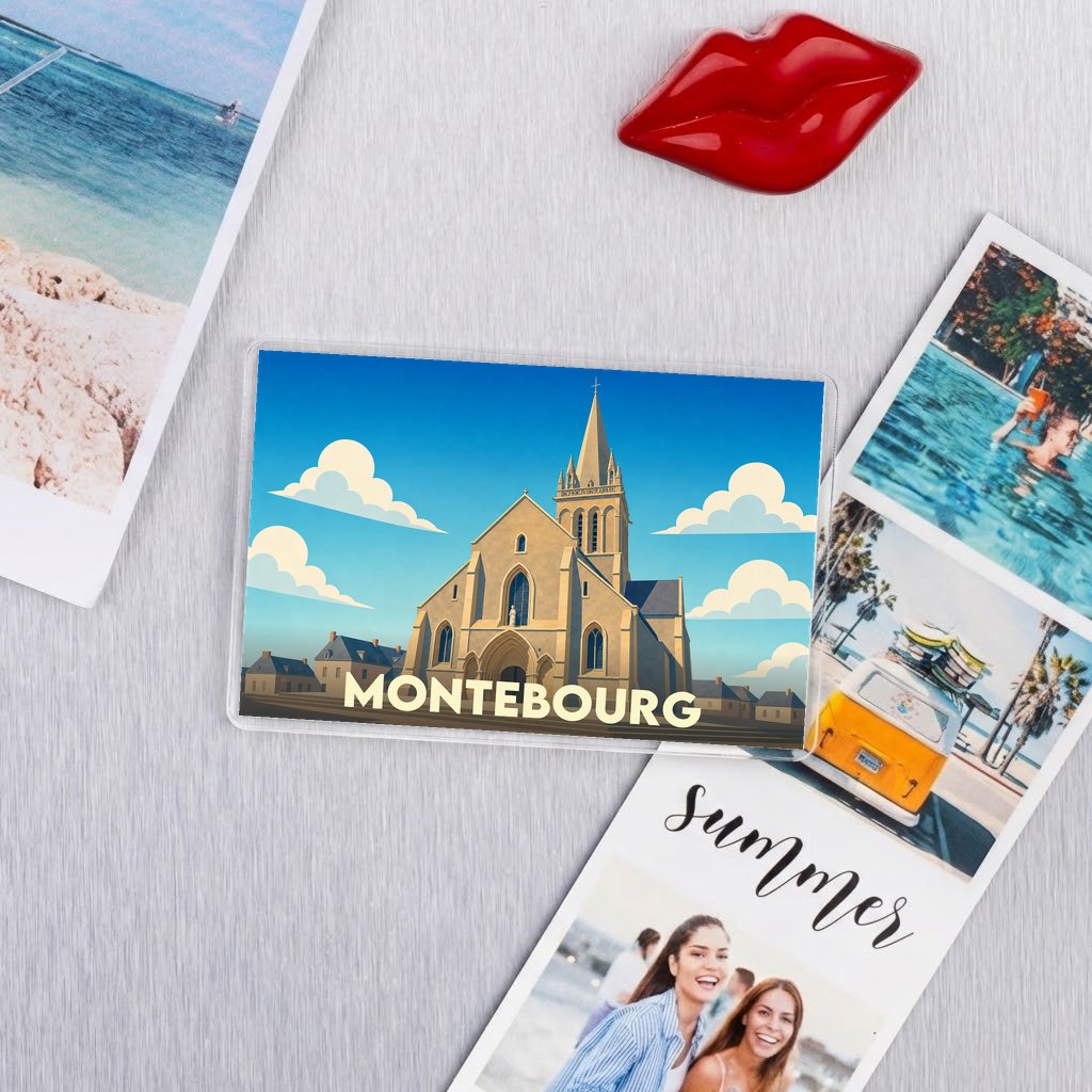 Magnet souvenir de la ville de Montebourg avec une illustration stylisée de son église.