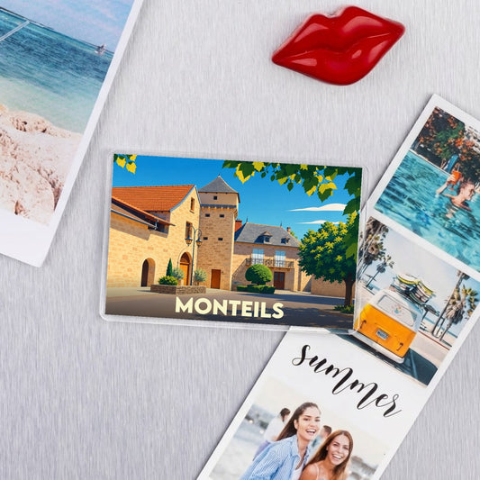 Magnet souvenir de la ville de Monteils avec une illustration stylisée de son patrimoine architectural.
