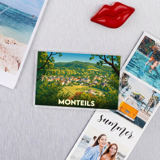 Magnet souvenir de la ville de Monteils avec une illustration paysagère stylisée.