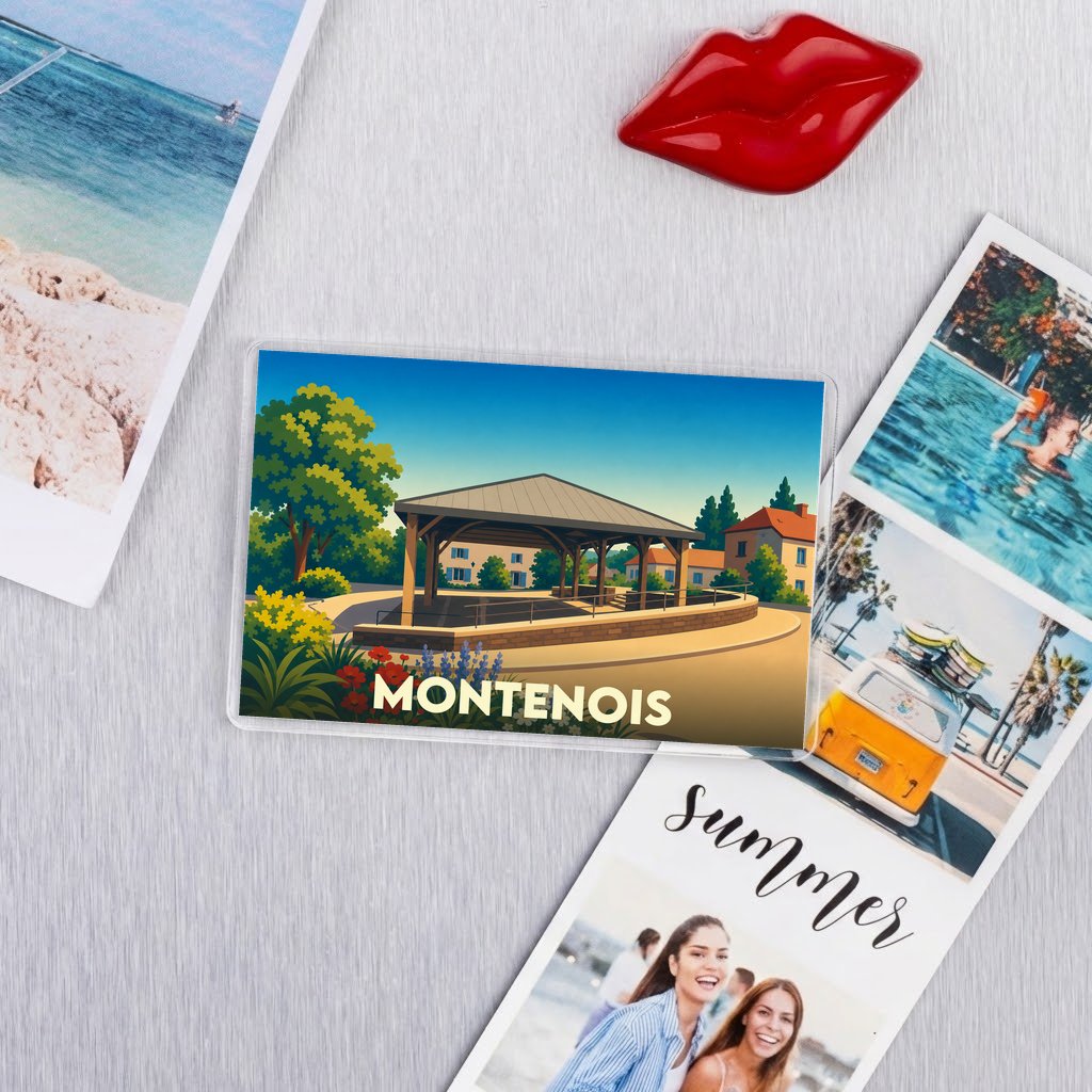 Magnet souvenir de la ville de Montenois avec une illustration stylisée.