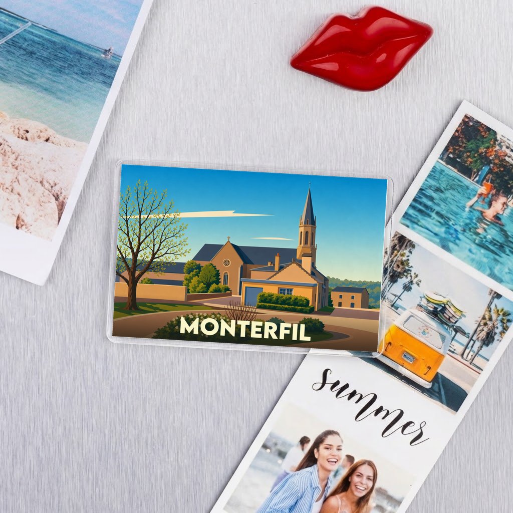 Magnet souvenir de la ville de Monterfil avec une illustration stylisée de son église.