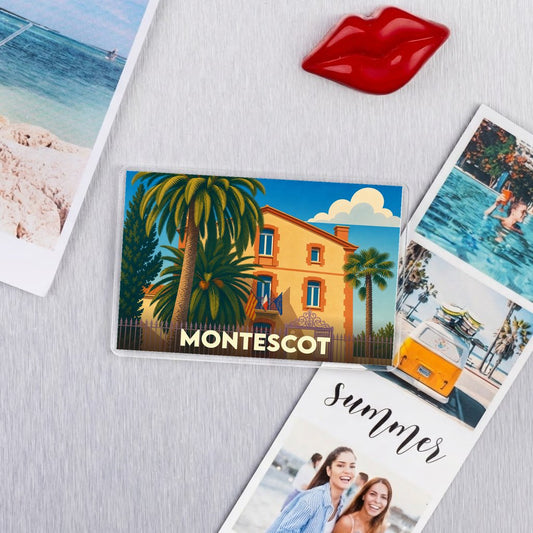 Magnet souvenir de la ville de Montescot avec une illustration stylisée.