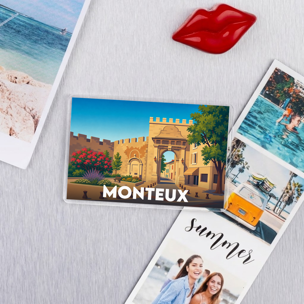 Magnet souvenir de la ville de Monteux avec une illustration stylisée.