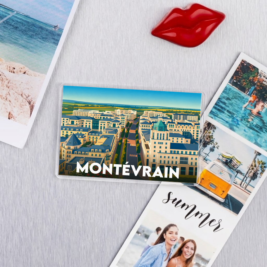 Magnet souvenir de la ville de Montévrain avec une illustration stylisée.