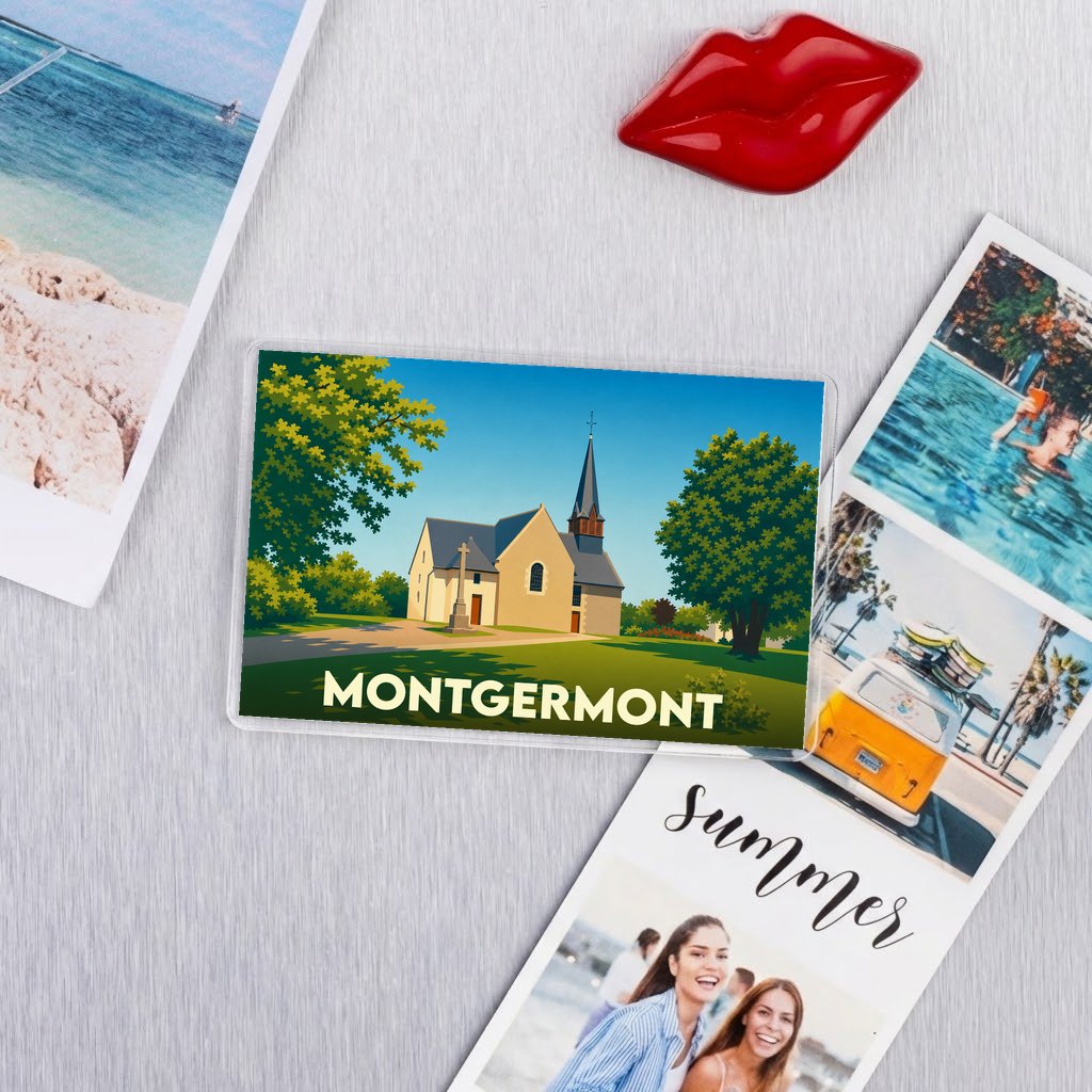 Magnet souvenir de la ville de Montgermont avec une illustration stylisée de son église.