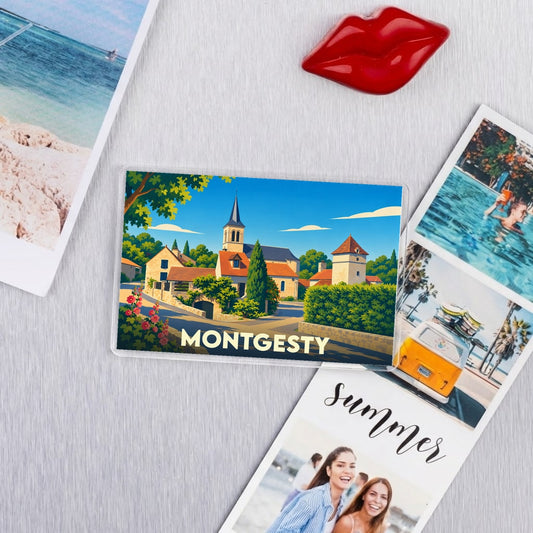 Magnet souvenir de la ville de Montgesty avec une illustration stylisée.