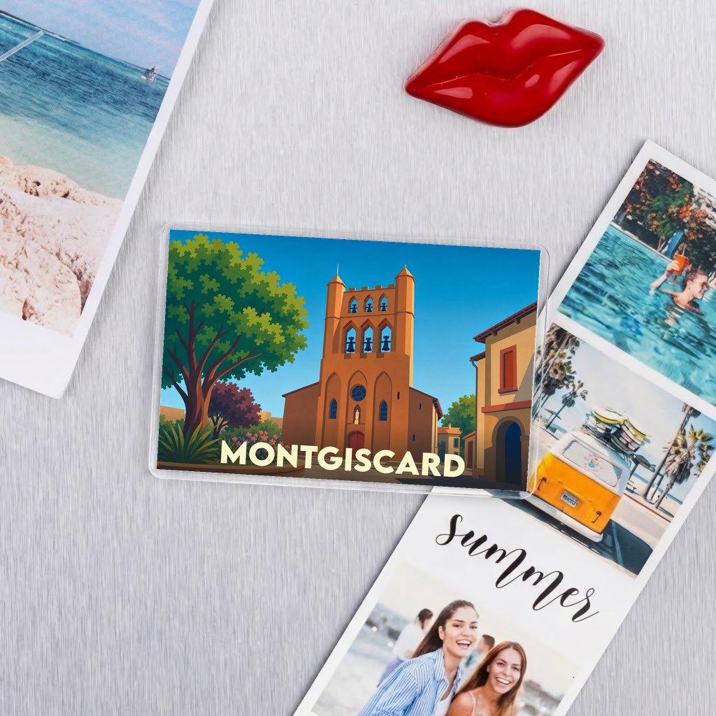 Magnet souvenir de la ville de Montgiscard avec une illustration stylisée de son église.