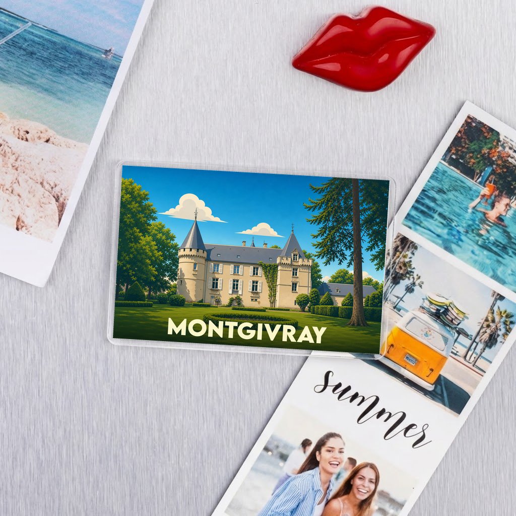 Magnet souvenir de la ville de Montgivray avec une illustration stylisée de son château.
