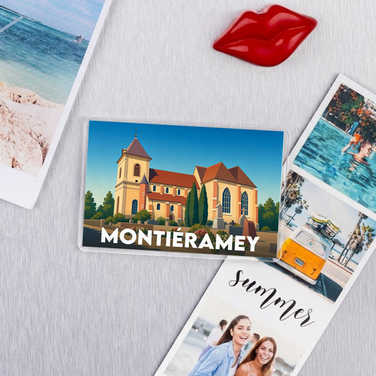 Magnet souvenir de la ville de Montiéramey avec une illustration stylisée de son église.