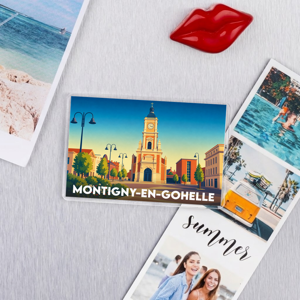 Magnet souvenir de la ville de Montigny-en-Gohelle avec une illustration stylisée d'un monument historique.