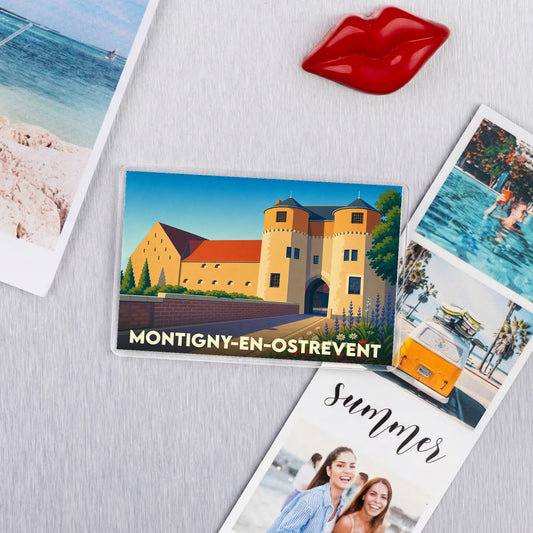 Magnet souvenir de la ville de Montigny-en-Ostrevent avec une illustration stylisée du château local.