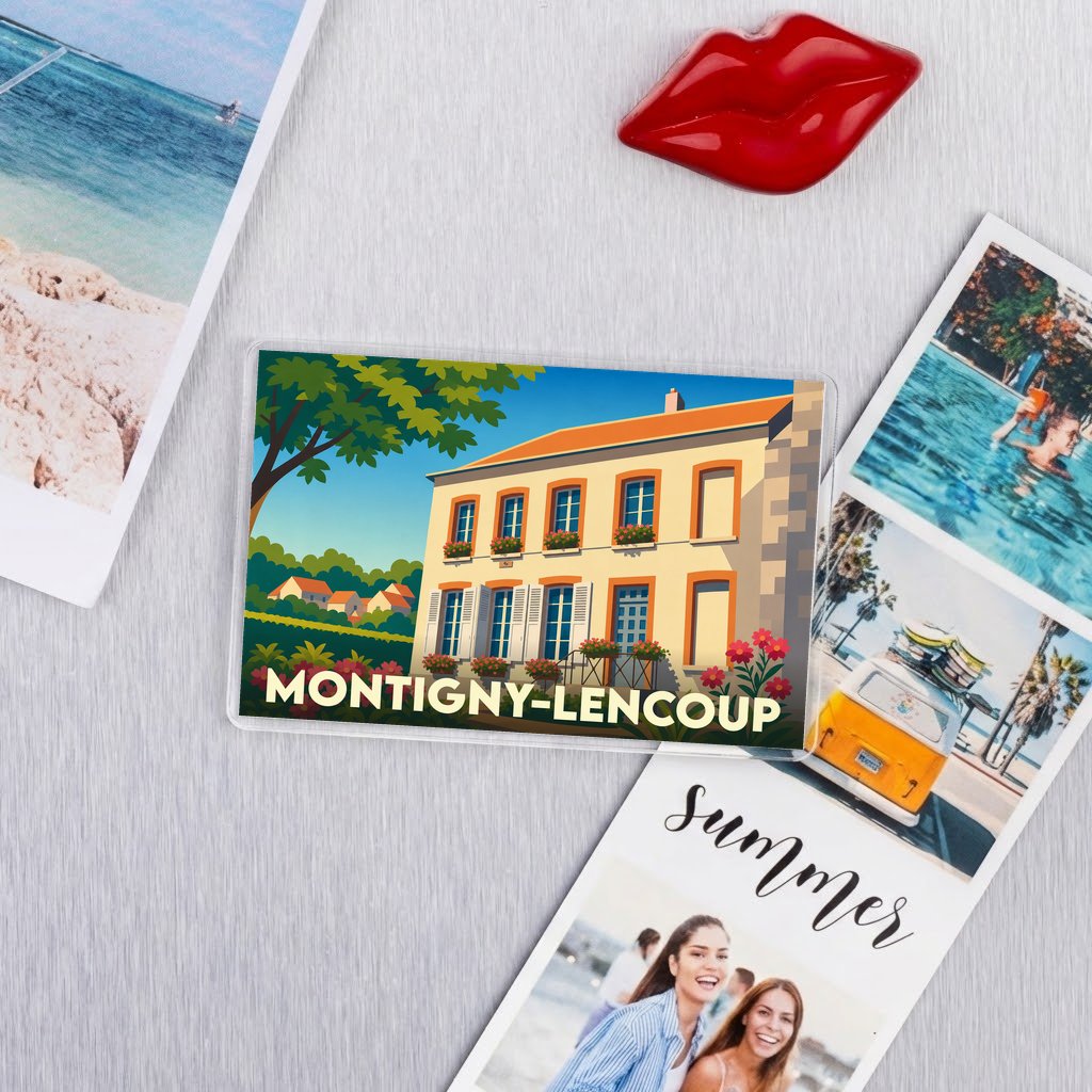 Magnet souvenir de la ville de Montigny-Lencoup avec une illustration stylisée d'une maison fleurie.