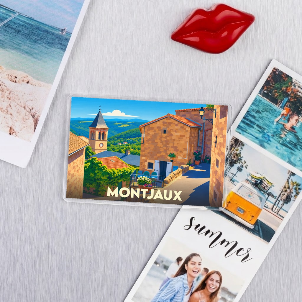 Magnet souvenir de la ville de Montjaux avec une illustration stylisée.