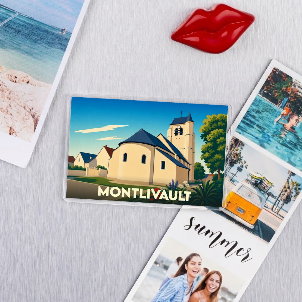 Magnet souvenir de la ville de Montlivault avec une illustration stylisée de son église.