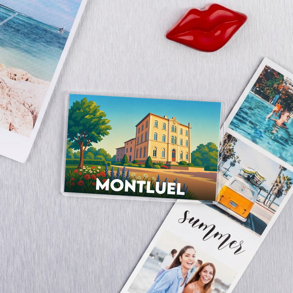 Magnet souvenir de la ville de Montluel avec une illustration stylisée d'un bâtiment historique.