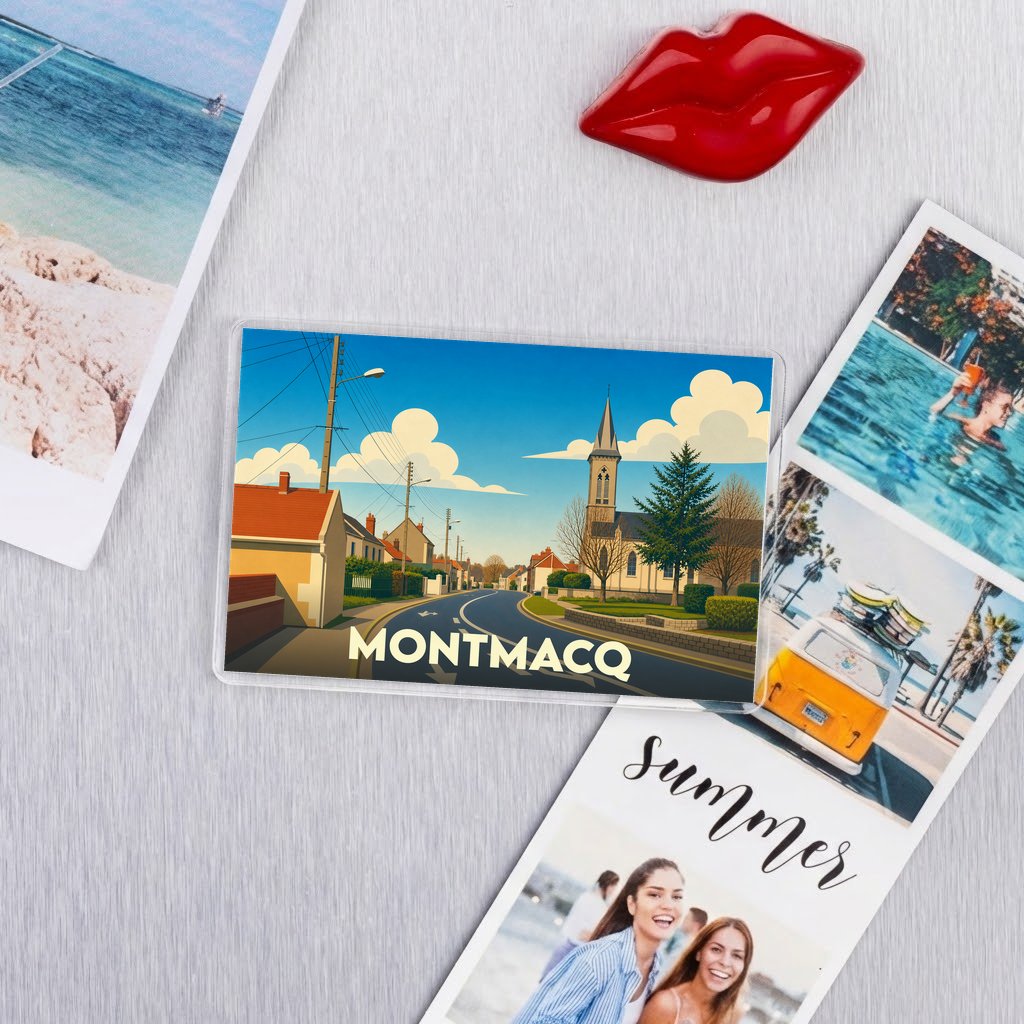 Magnet souvenir de la ville de Montmacq avec une illustration stylisée.