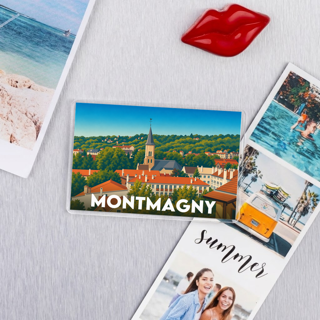 Magnet souvenir de la ville de Montmagny avec une illustration stylisée.