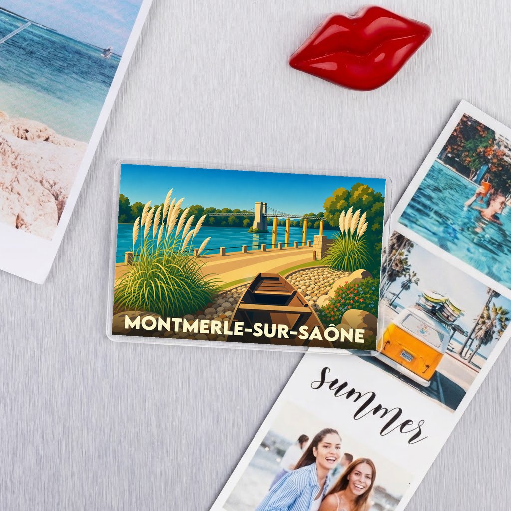 Magnet souvenir de la ville de Montmerle-sur-Saône avec une illustration stylisée des bords de Saône.