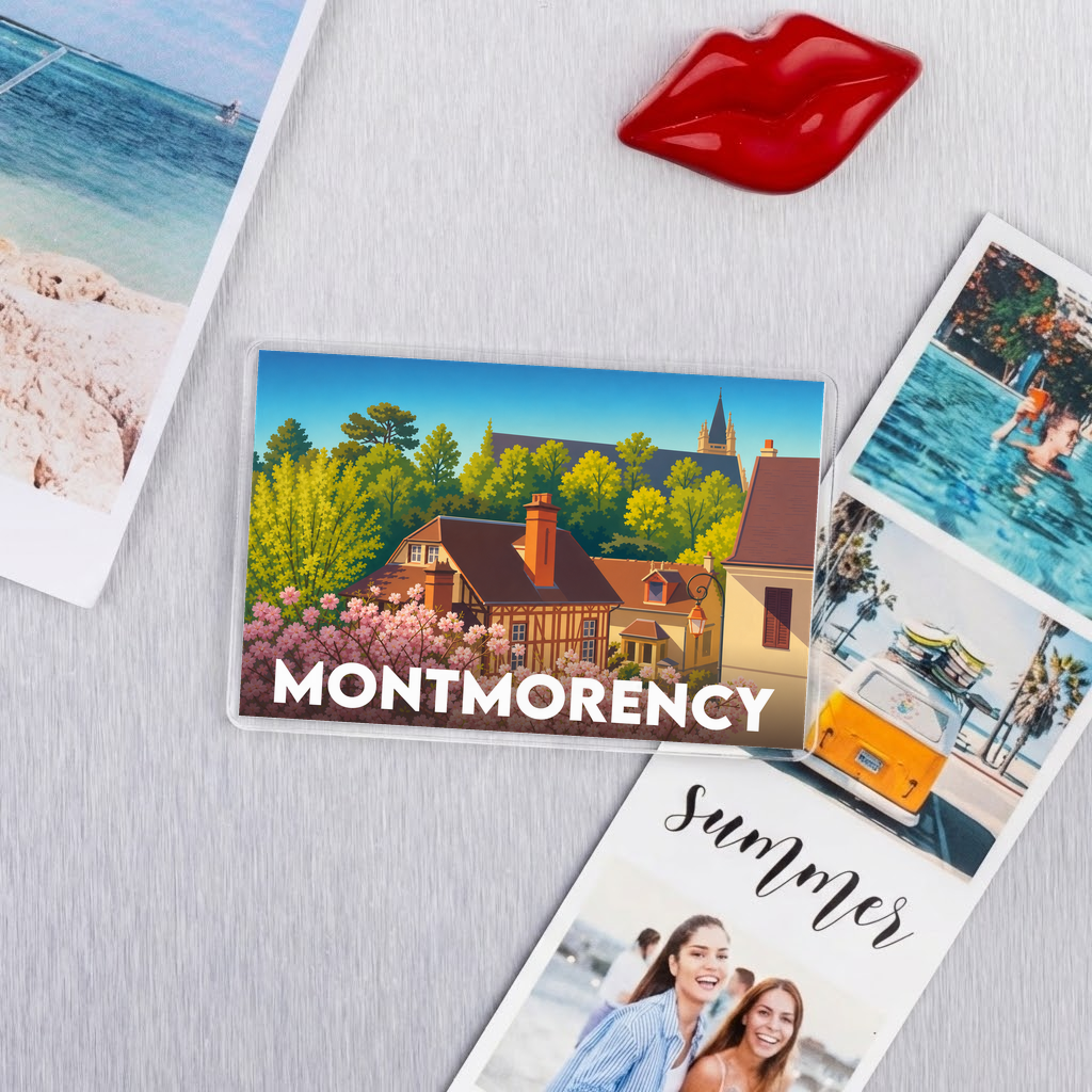 Magnet souvenir de la ville de Montmorency avec une illustration stylisée de maisons et de jardins fleuris.