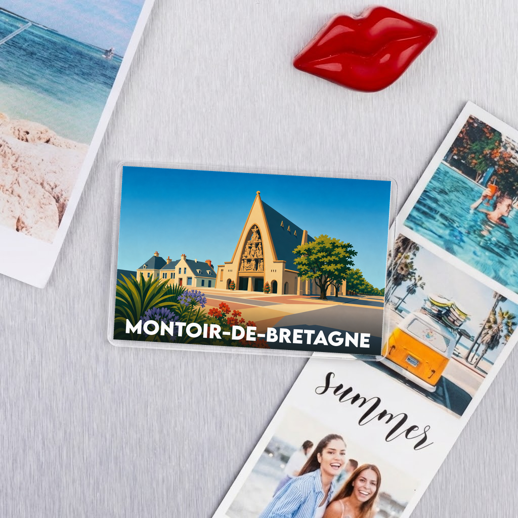Magnet souvenir de la ville de Montoir-de-Bretagne avec une illustration stylisée de son église.