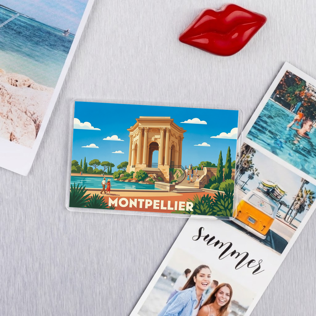 Magnet souvenir de la ville de Montpellier avec une illustration stylisée.