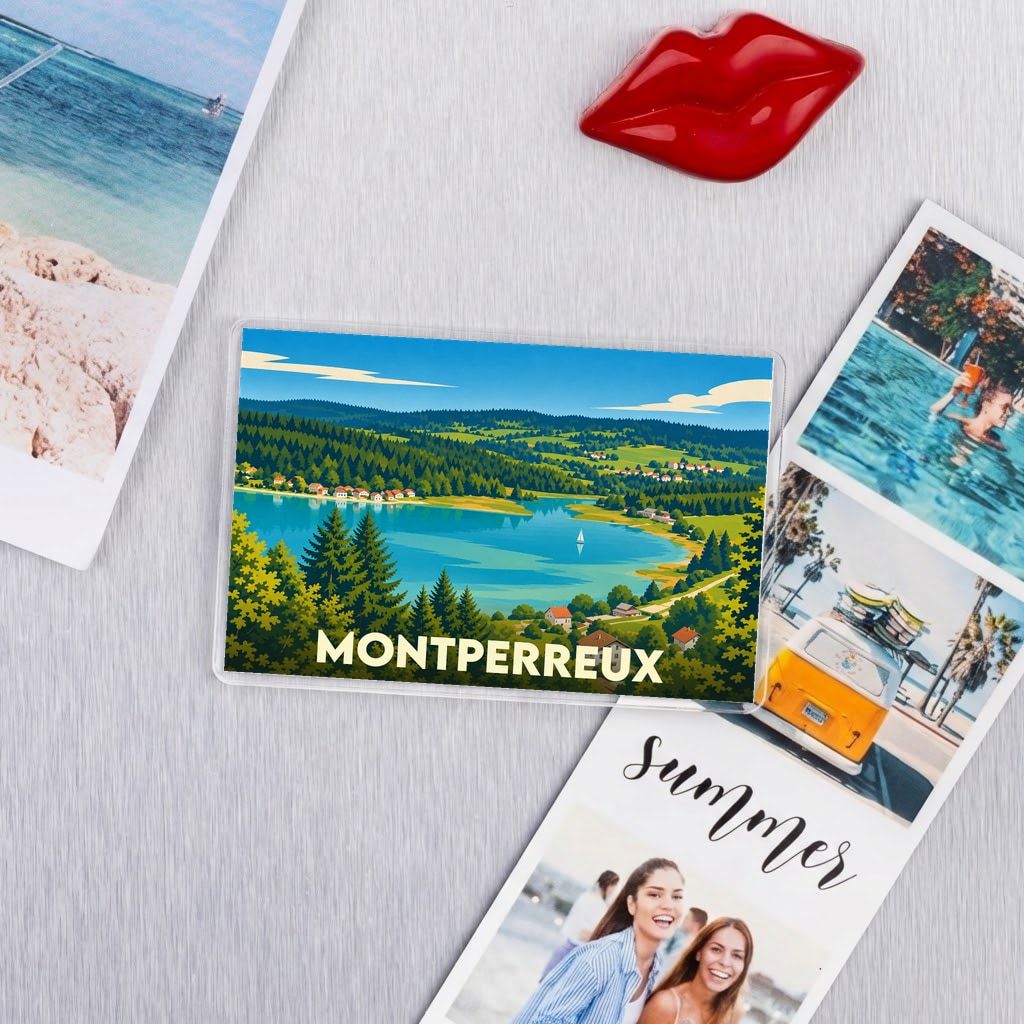 Magnet souvenir de la ville de Montperreux avec une illustration stylisée de son lac et de ses paysages verdoyants.