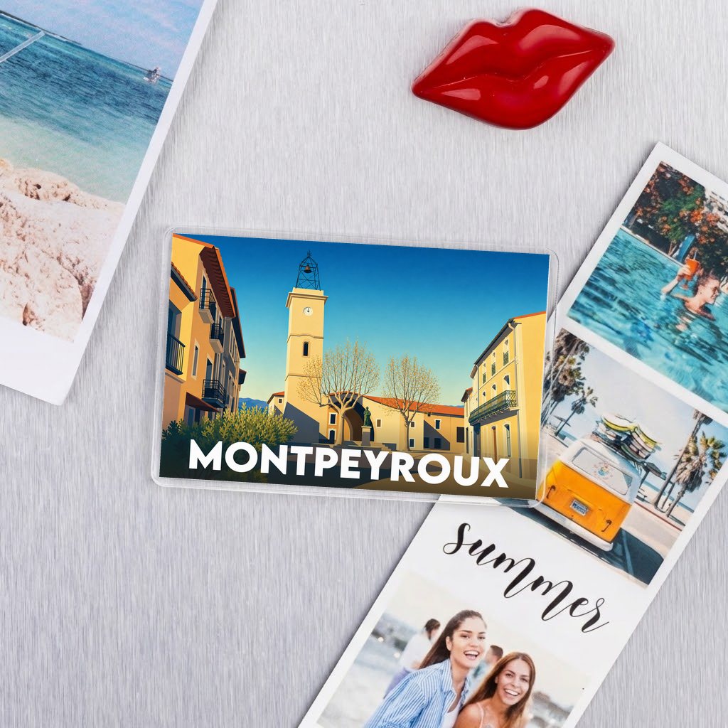 Magnet souvenir de la ville de Montpeyroux avec une illustration stylisée.