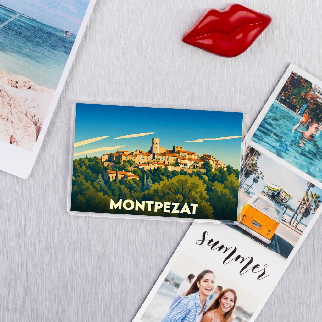 Magnet souvenir de la ville de Montpezat avec une illustration stylisée.