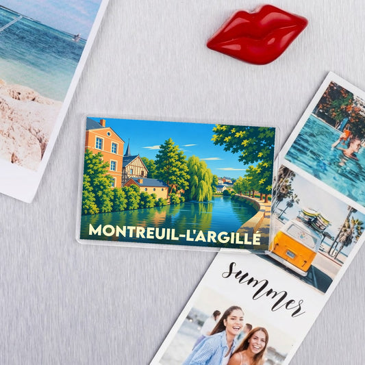 Magnet souvenir de la ville de Montreuil-l'Argillé avec une illustration stylisée et colorée.
